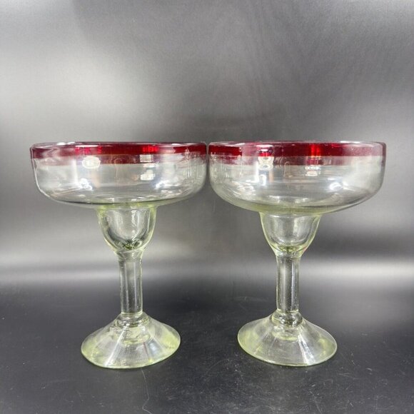 Hand Blown Clear Margarita Drinking Glasses Set 2 With Red Edges Hand Made Glass - Picture 10 of 11